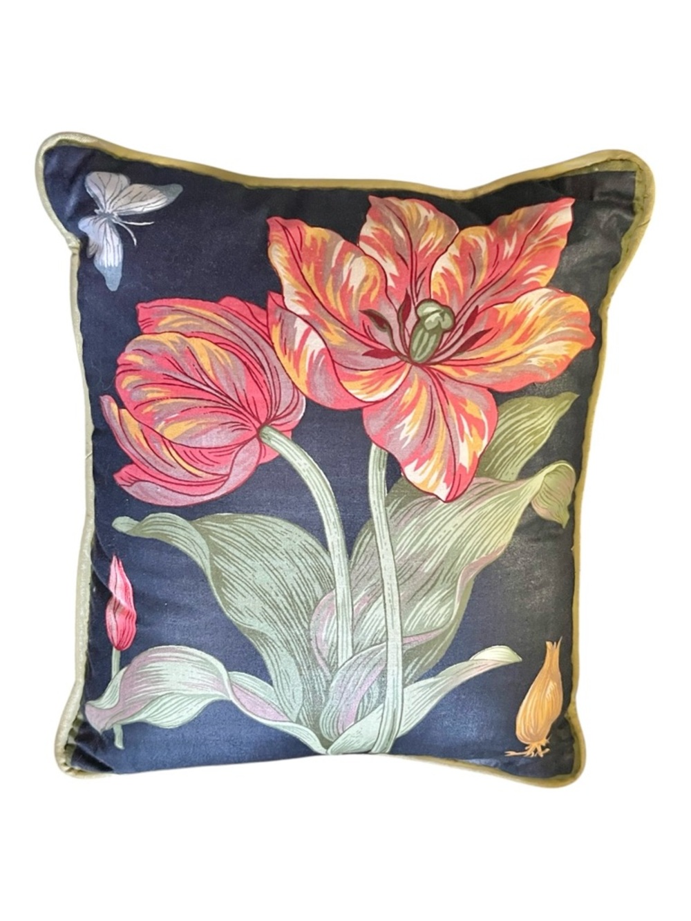 Designer Chintz Bitanical Tulip Accent Pillow Coral/gold Navy Olive back-piping.